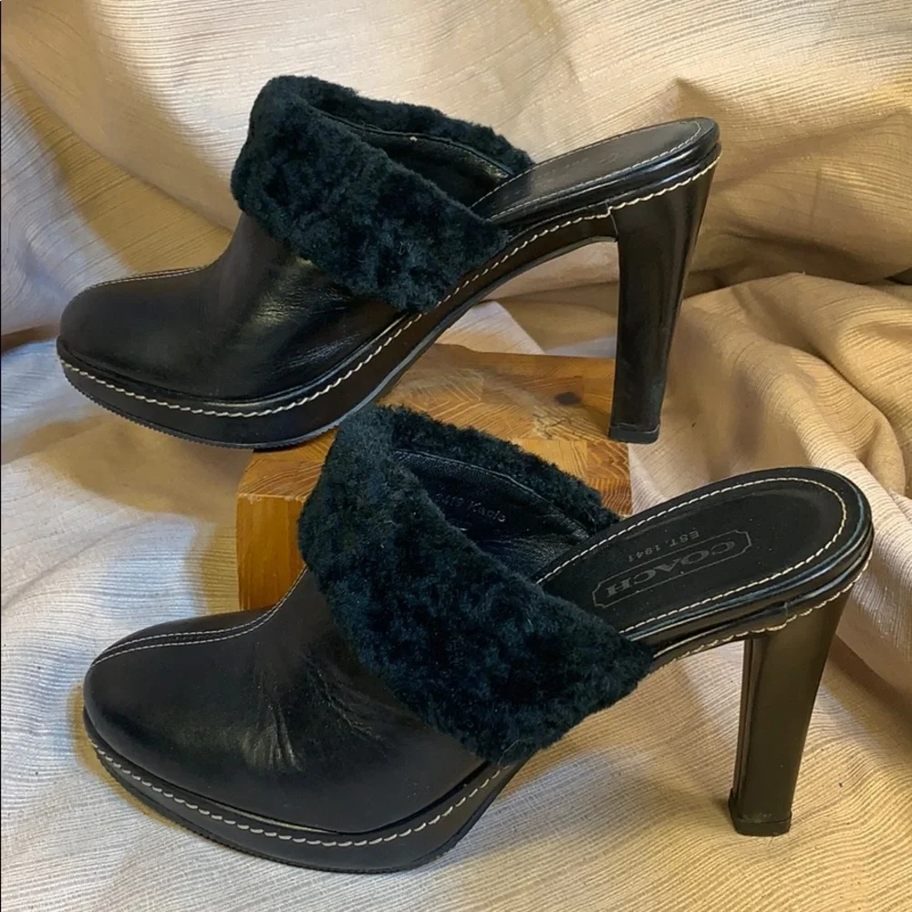 Coach leather furry heeled mules super comfortable